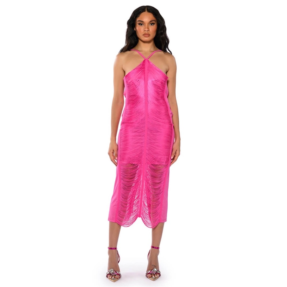 AKIRA Low Back Fringe Midi Dress in Pink
